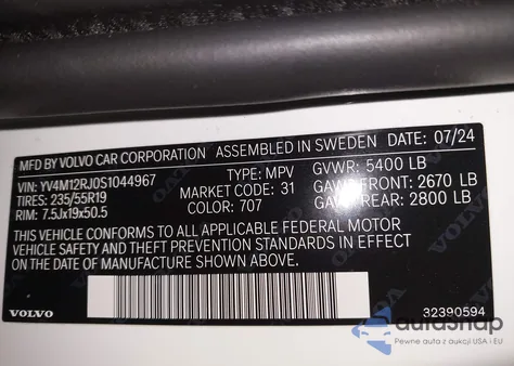 2025 Volvo Xc60 B5 Core z USA, uszkodzony, nr VIN YV4M12RJ0S1044967